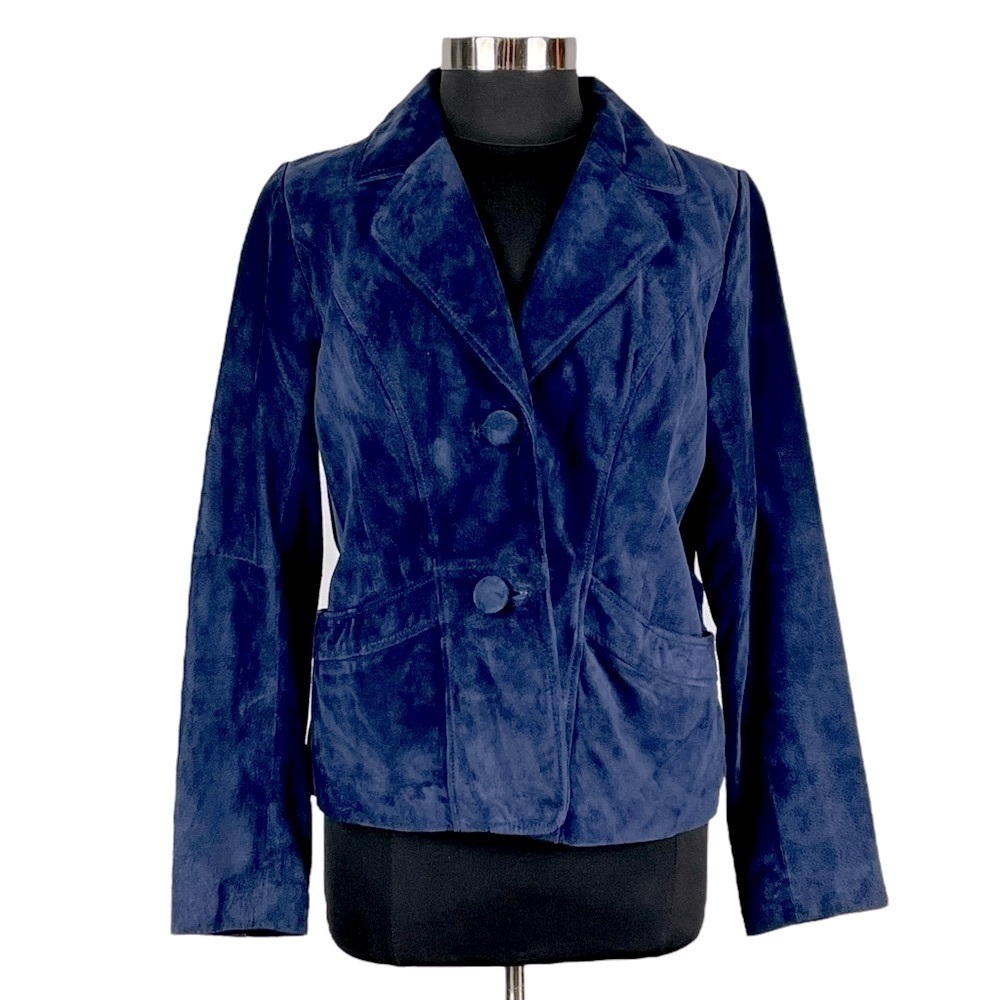 DIALOGUE BLUE SUEDE LEATHER NOTCH COLLAR 2 BUTTON BLAZER JACKET